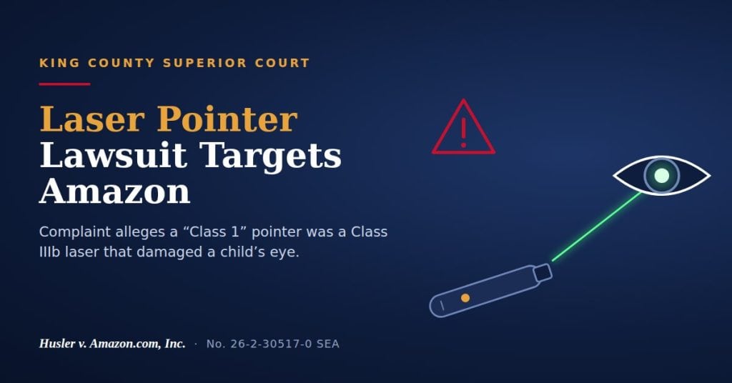 Laser pointer beam striking an eye: Husler v. Amazon.com, Inc., King County Superior Court No. 26-2-30517-0 SEA, alleges mislabeled Class IIIb laser injured child