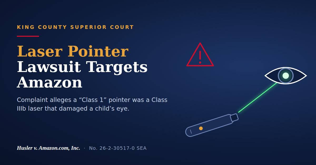 Laser pointer beam striking an eye: Husler v. Amazon.com, Inc., King County Superior Court No. 26-2-30517-0 SEA, alleges mislabeled Class IIIb laser injured child
