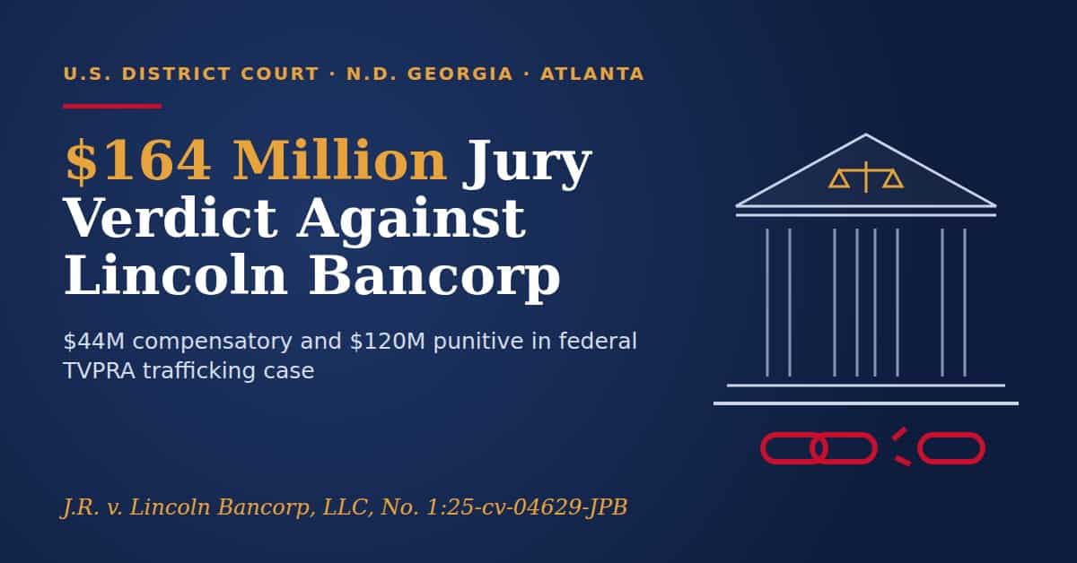 U.S. District Court N.D. Georgia graphic: $164 million jury verdict against Lincoln Bancorp in TVPRA trafficking case, J.R. v. Lincoln Bancorp, LLC, No. 1:25-cv-04629-JPB