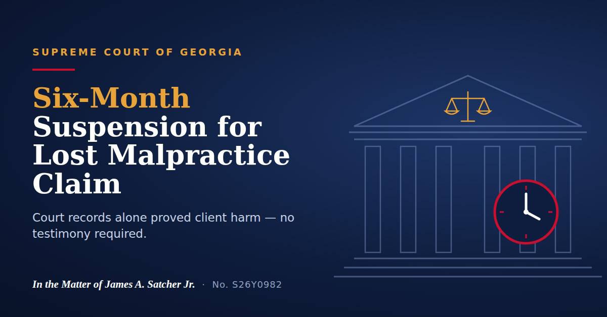 Supreme Court of Georgia suspends attorney six months over lost malpractice claim in In the Matter of James A. Satcher Jr., No. S26Y0982