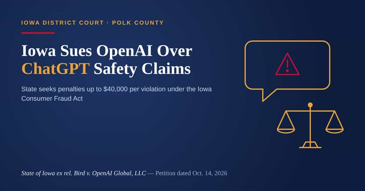Iowa District Court for Polk County: State of Iowa ex rel. Bird v. OpenAI Global, LLC petition seeking up to $40,000 per violation under the Iowa Consumer Fraud Act over ChatGPT safety claims